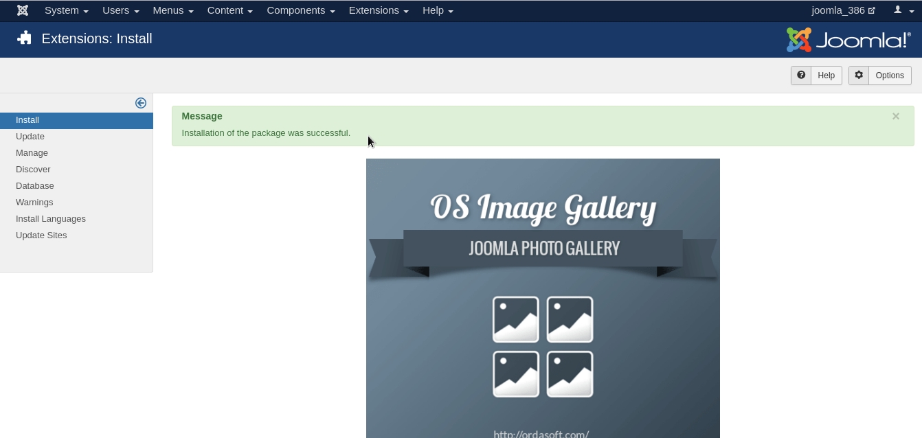 successful installation of Joomla Photo Gallery - Joomla Gallery extension