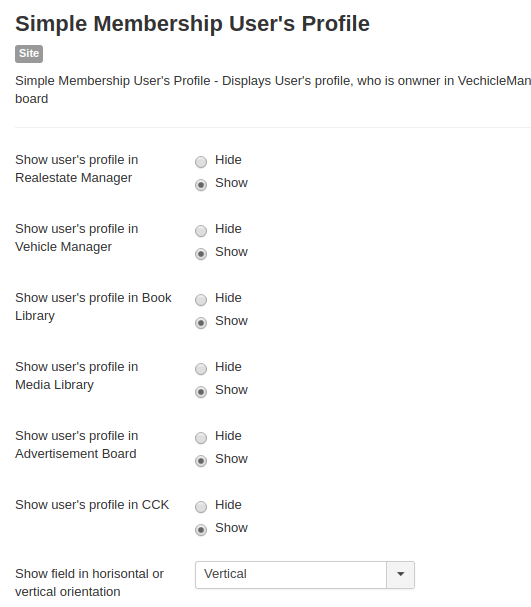 Simple membership, Joomla user profile module settings