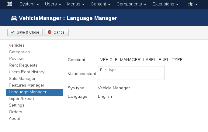 Language Manager in Vehicle manager, Joomla car rental dealer software