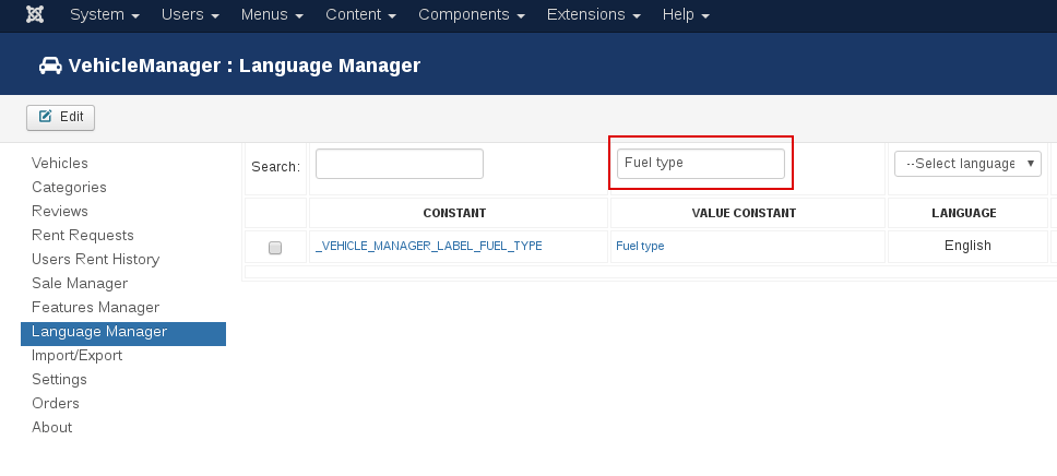 Language Manager in Vehicle manager, Joomla car rental dealer software