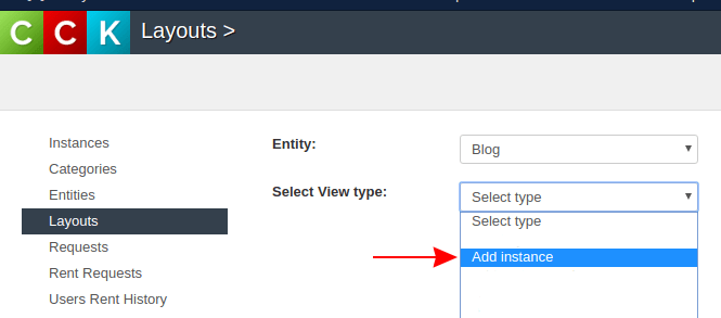 website builder for blogs, select layout type - add instance
