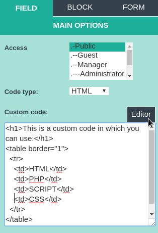 Website Builder - Joomla CCK field - Custom code