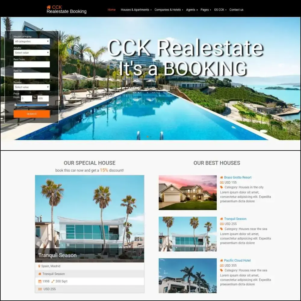 Real Estate website template build on booking website builder