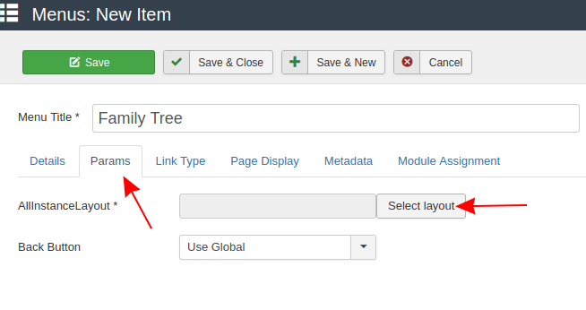 genealogy website builder, all instances layout for menu item