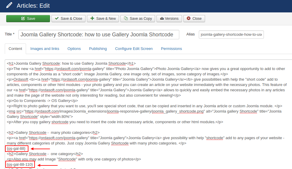how to use gallery joomla shortcode in article
