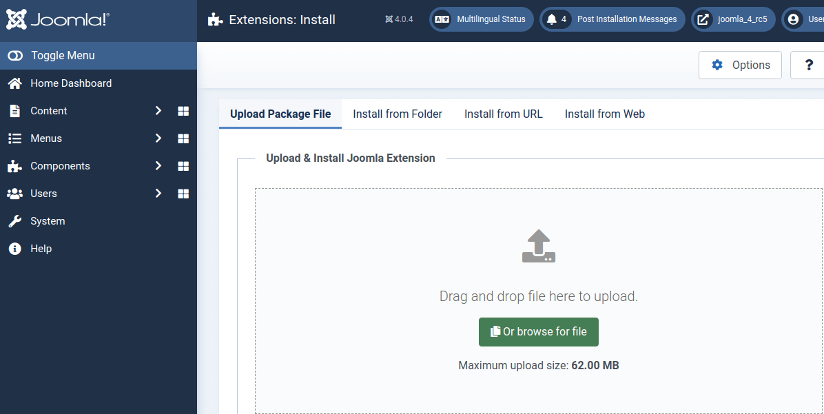 joomla slider, upload package file