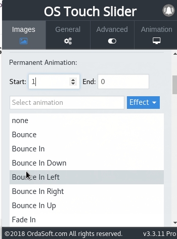 Select a special effect from the drop-down list in Joomla slider