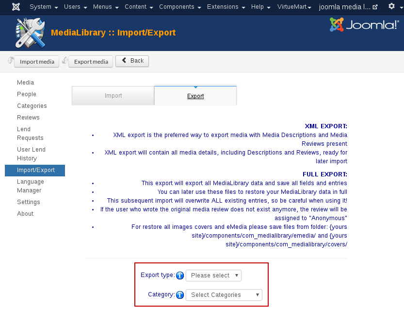 MediaLibrary import/export - export