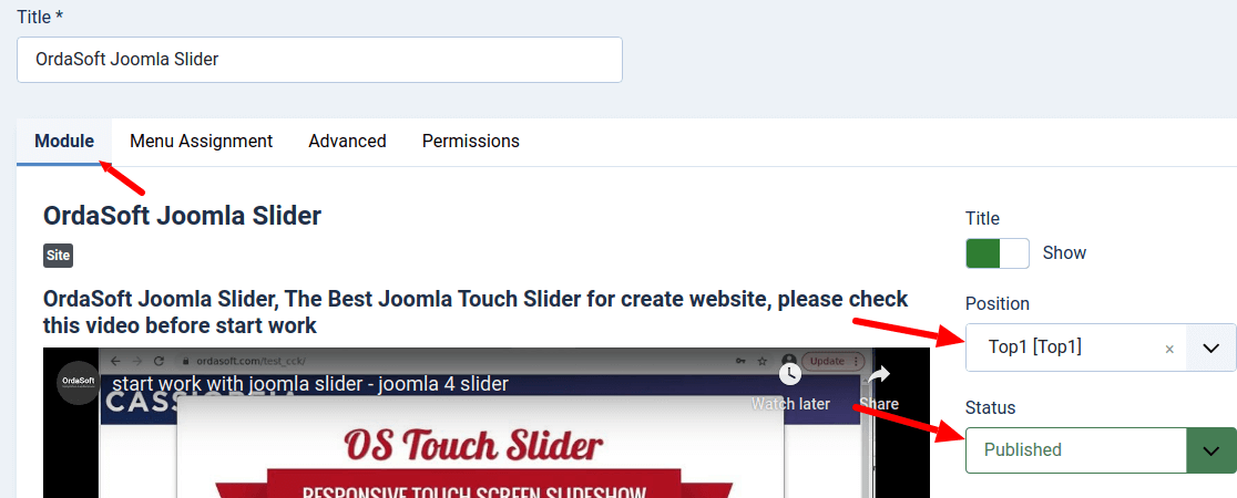 joomla slider - set position and publish