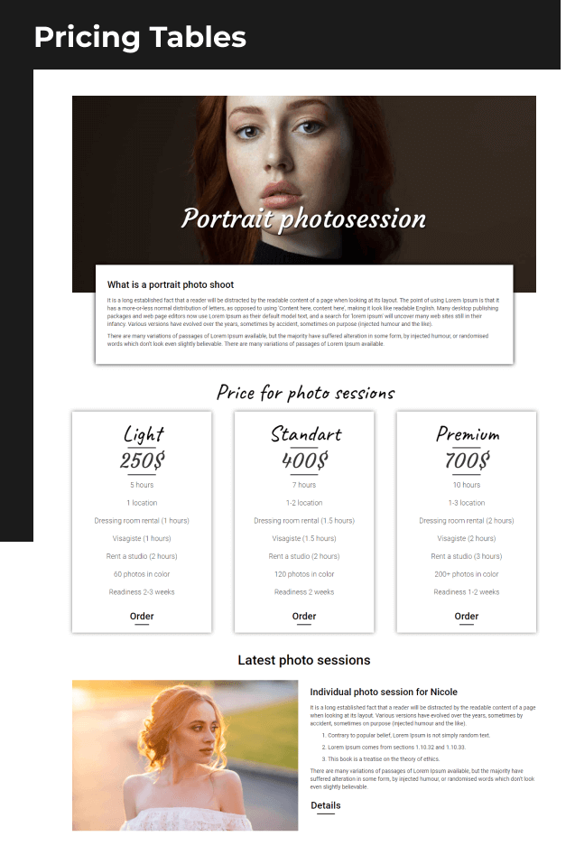 portfolio website template pricing tables