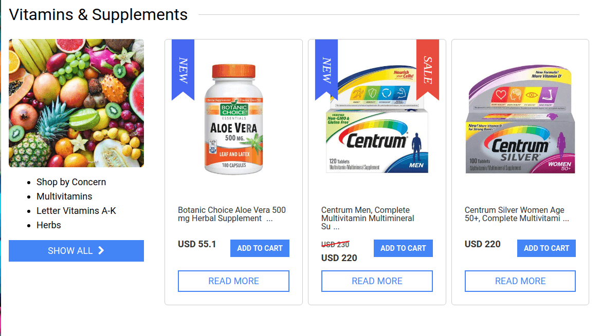 Joomla Pharmacy template Drugstore section vitamins and supplements