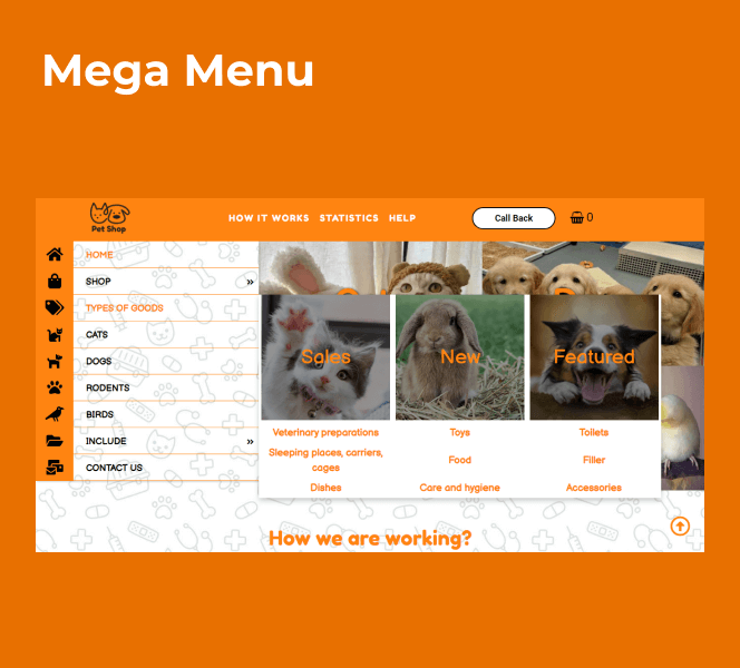 pet shop website template mega menu
