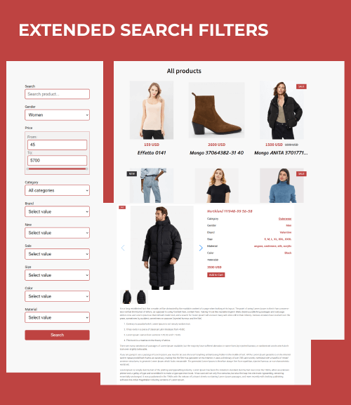 casual clothes website template search filters