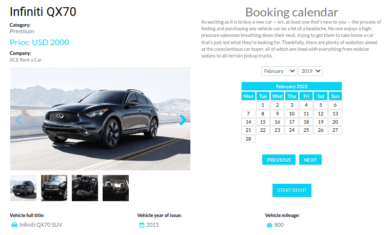 car rental website template calendar