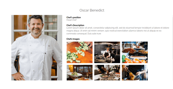 Main information about restaurant chef in gourmet, restaurant website template