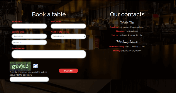 online Booking table form in restaurant website template