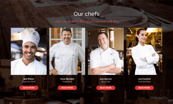 Showing restaurant chefs in website template for restaurant