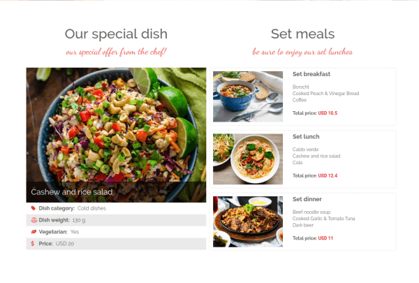 Show Set Meals with special dish in restaurant website template