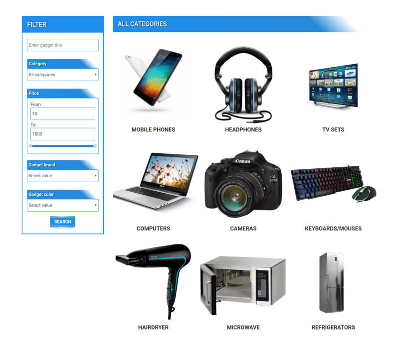 Gadgets Store - Virtuemart Joomla template filter all categories