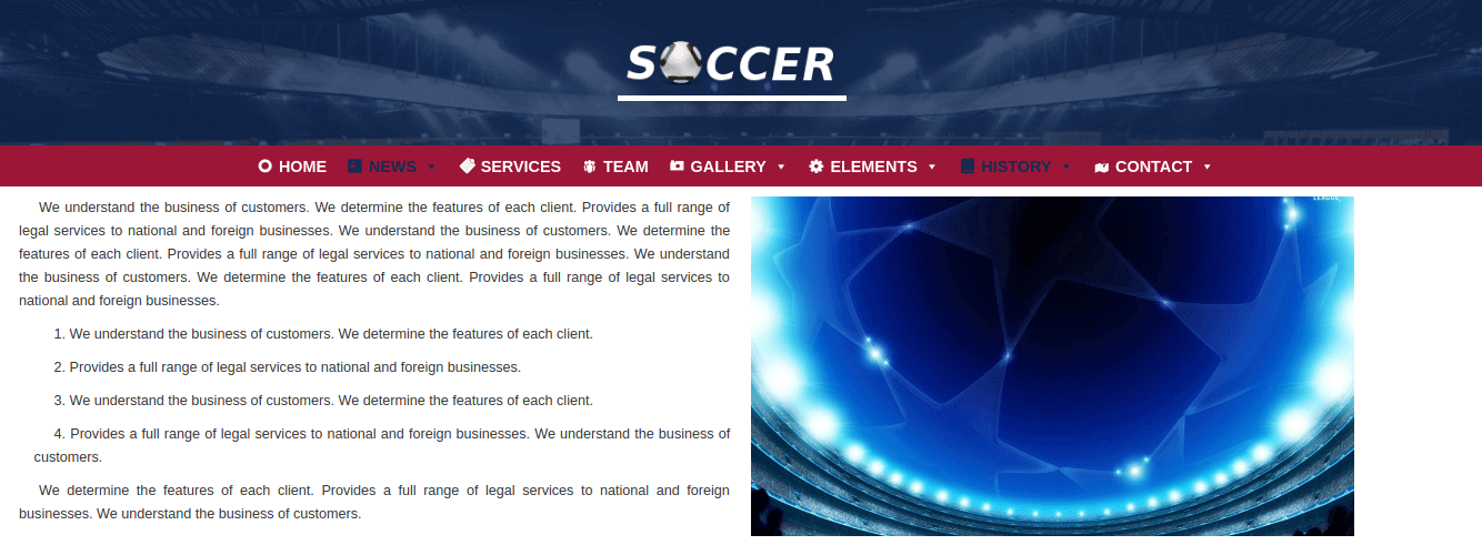 Football Wordpress Theme mega menu