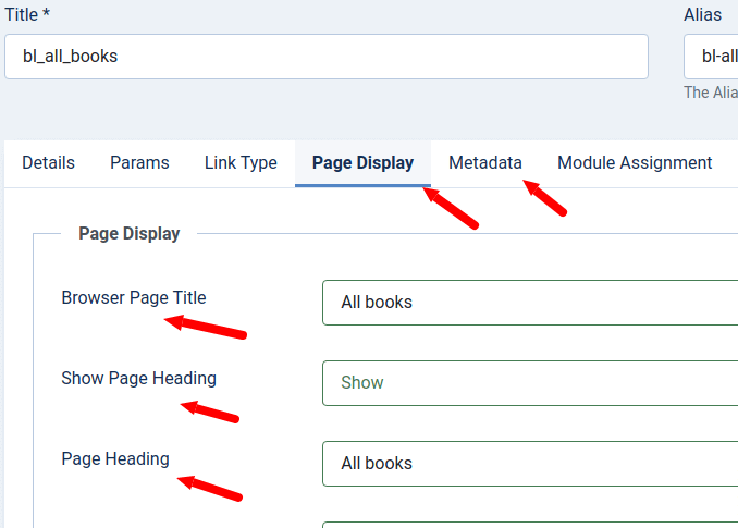 Joomla book library -  menu meta data