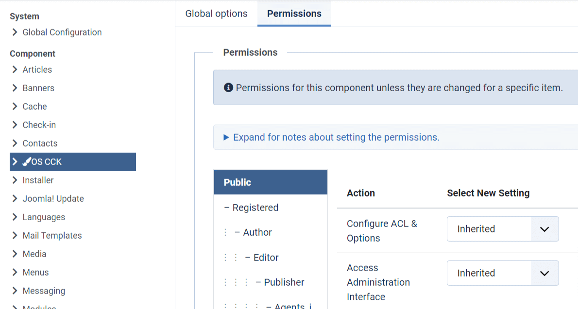 joomla cck control accesses for menu item in admin area