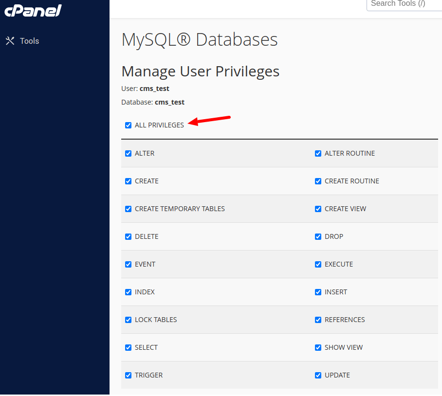 cpanel add to user all privileges to database