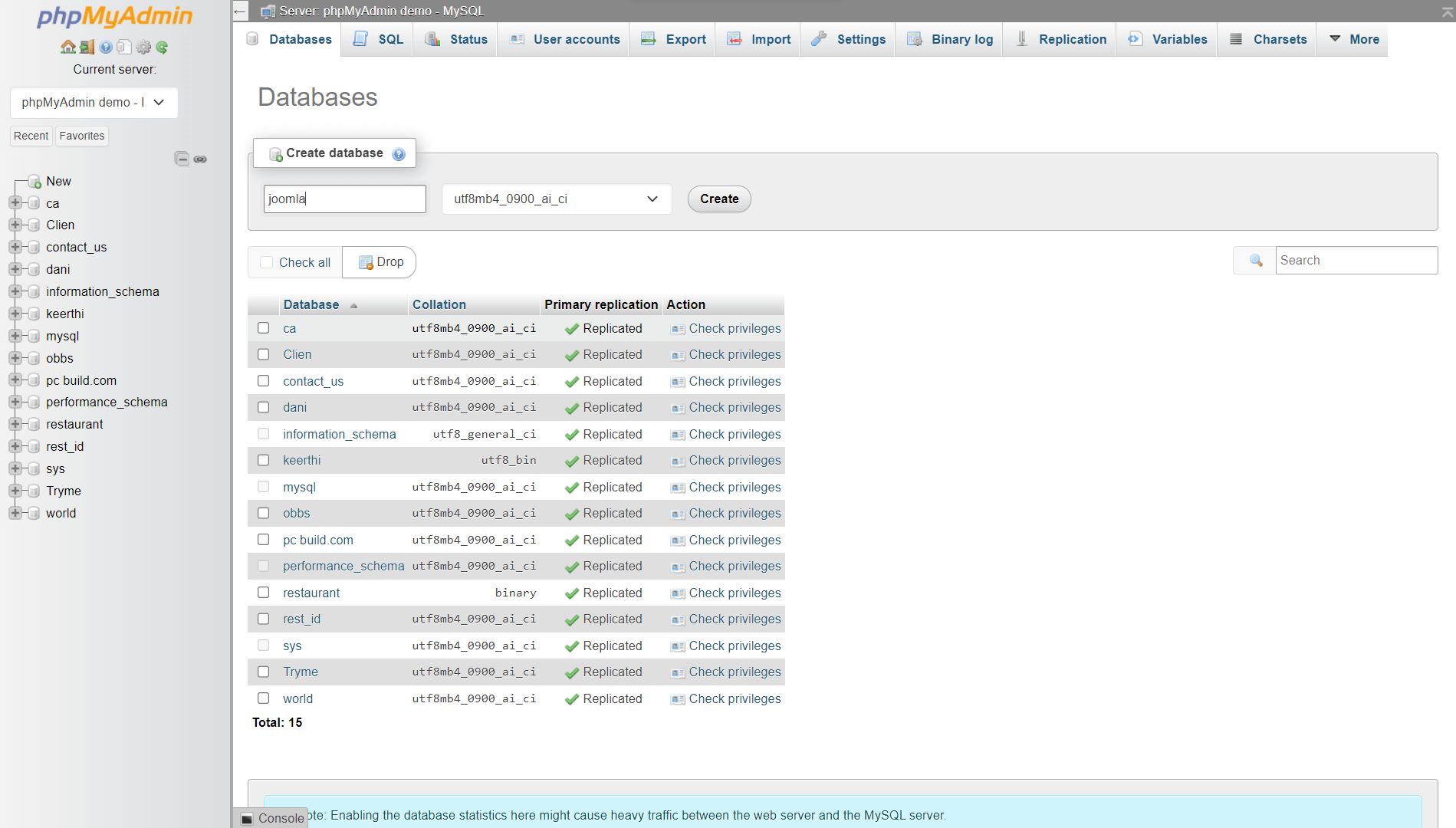 joomla install php my admin database