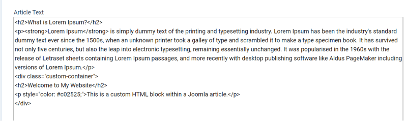 joomla custom html to articles editor