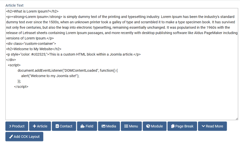 joomla custom html to articles javascript
