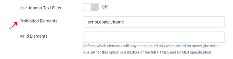 joomla custom html to articles prohibited elements