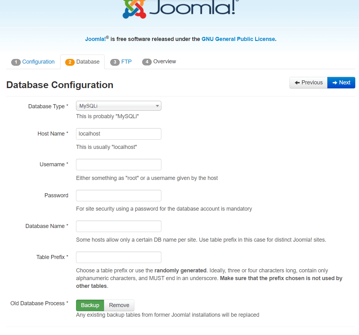 joomla install database configuration
