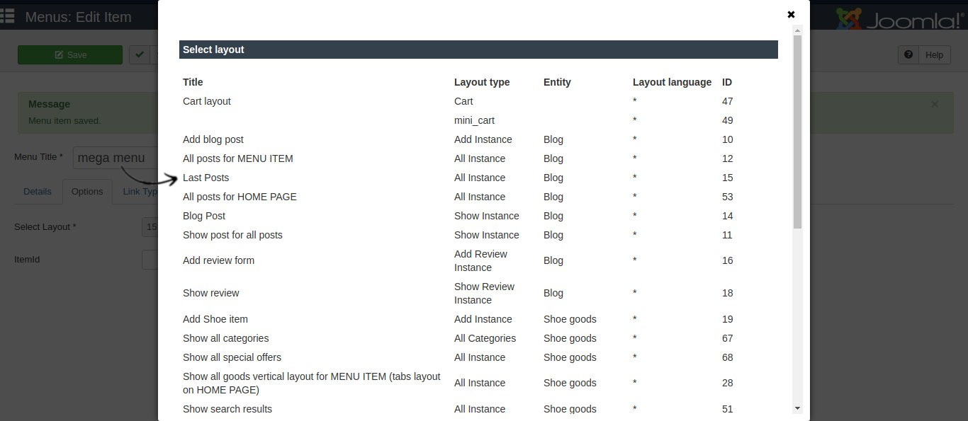 Joomla mega menu select layout in joomla website builder