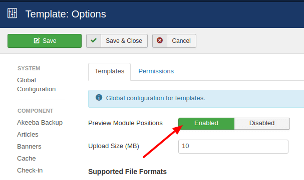 enable preview module positions in Joomla