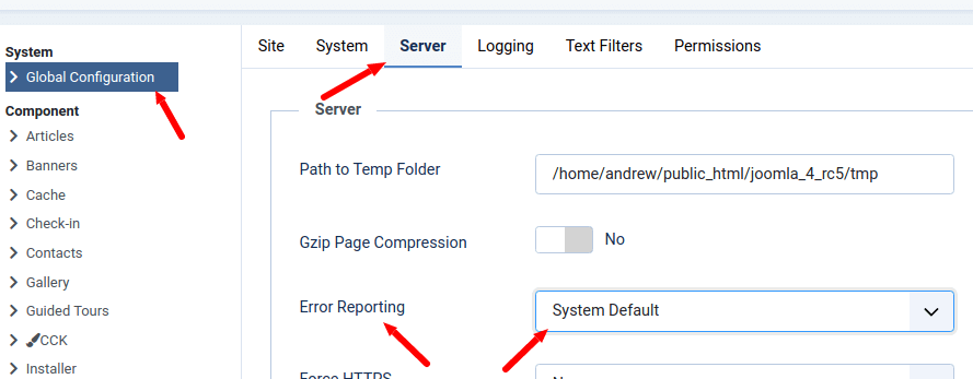 joomla global configuration server error report