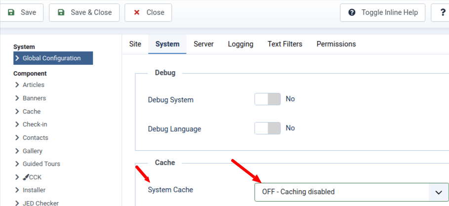 joomla global configuration system cache