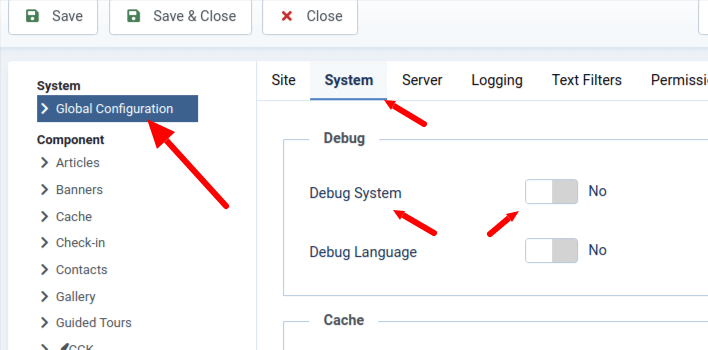 joomla global configuration system debug