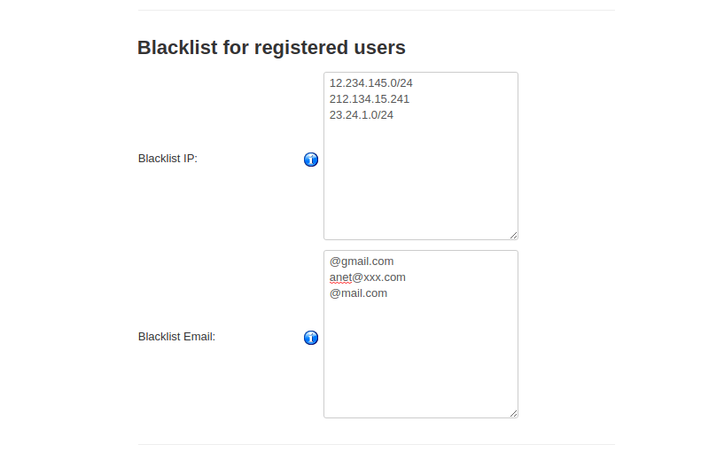 blacklist by ip and email for userswho register
