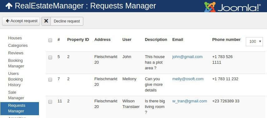 property request manager in real estate manager, backend view